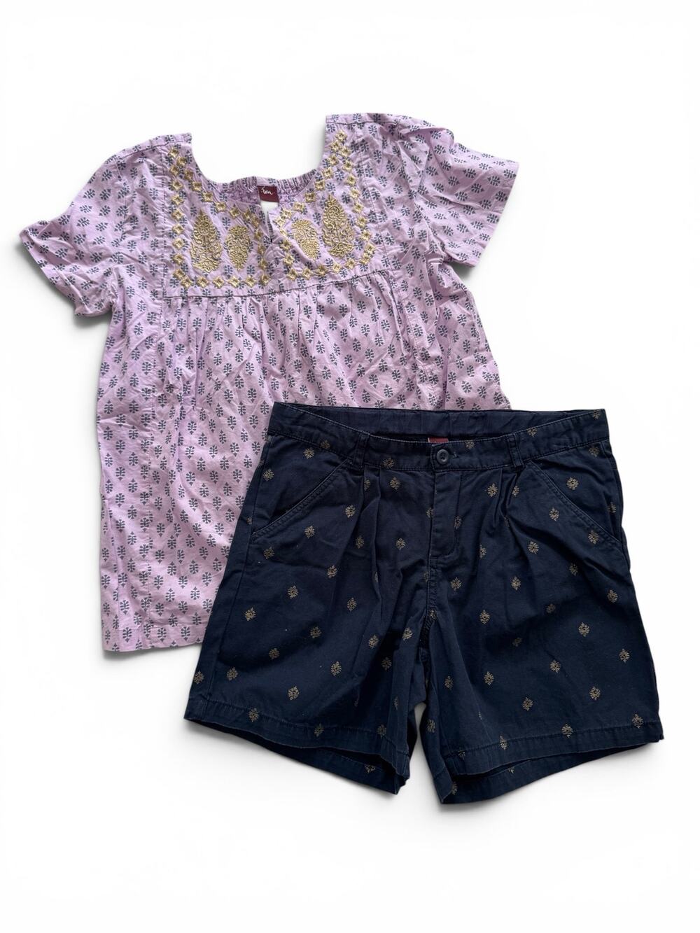 Tea Collection embroidered top & navy pleated shorts set